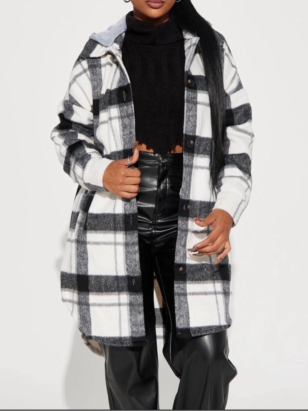 Plaid Longline Shacket Jacket - Black & White